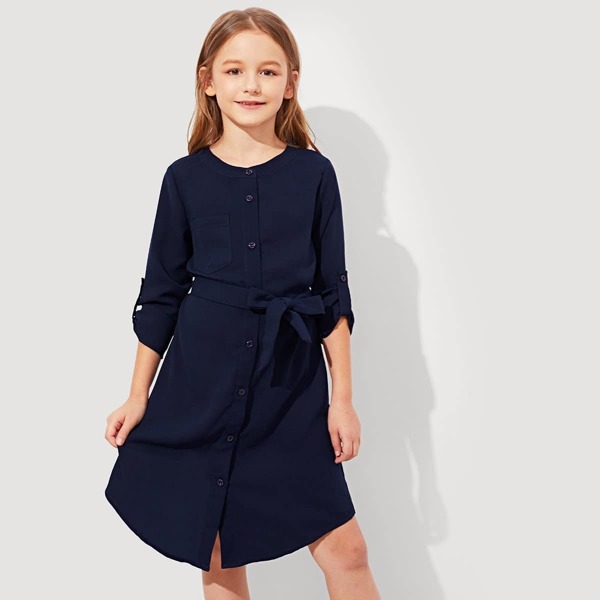 

Girls Button Up Belted Dress, Navy