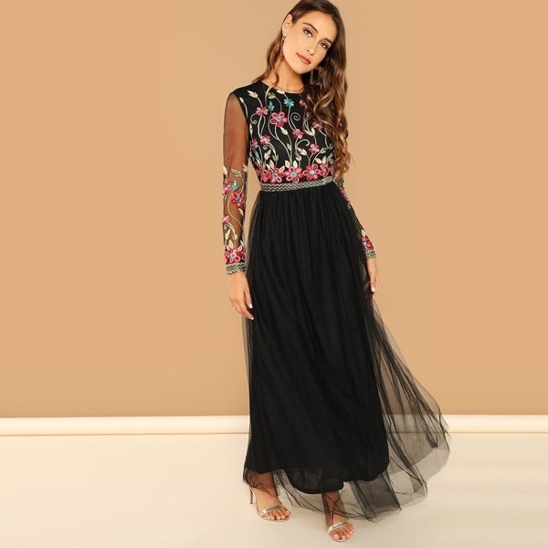 

Floral Embroidered Open Back Tulle Dress