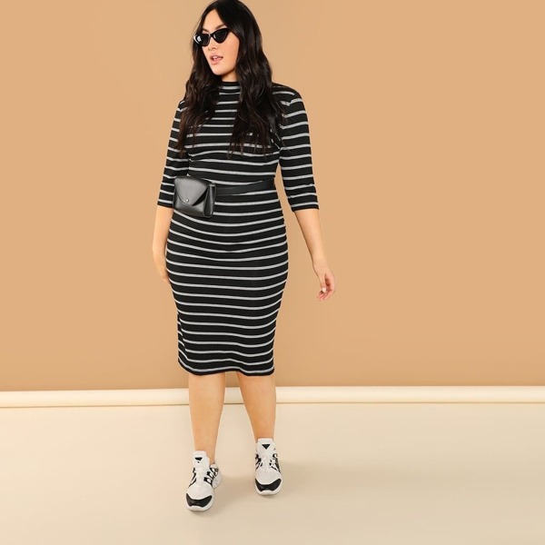 

Plus Mock Neck Rib Knit Striped Pencil Dress