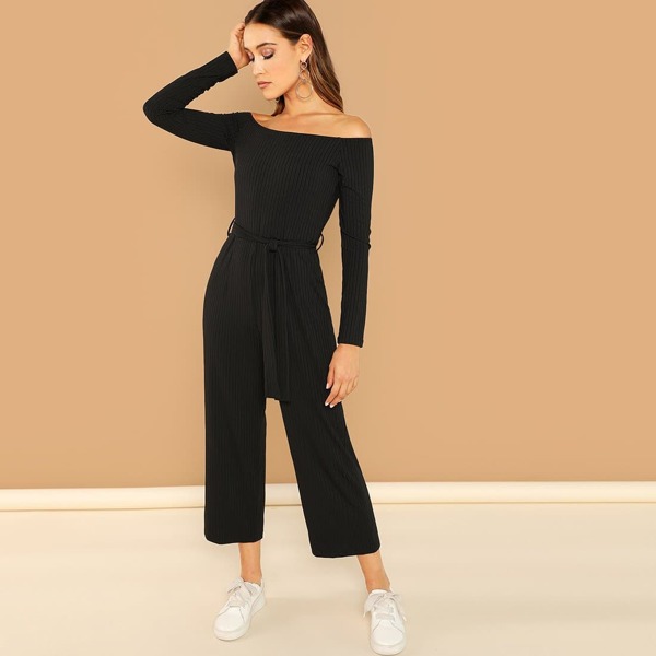 

Off Shoulder Tie Waist Wide Leg Jumpsuit, Black
