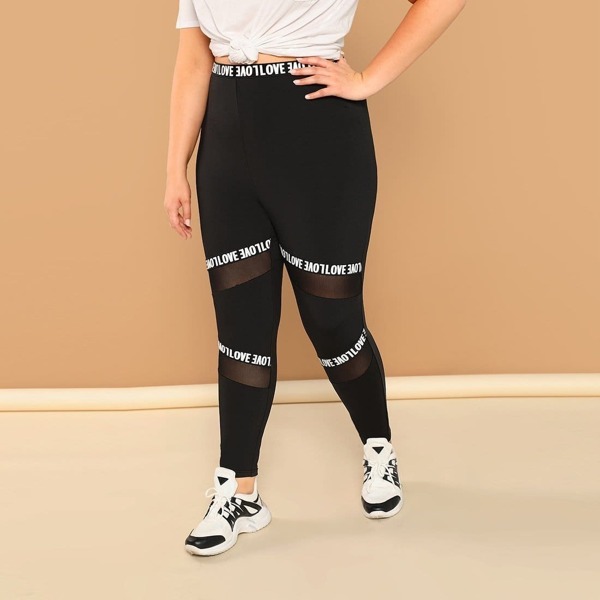 

Plus Mesh Insert Letter Print Leggings