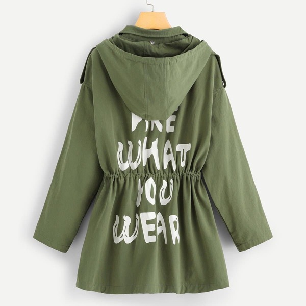 

Letter Print Drawstring Waist Longline Coat
