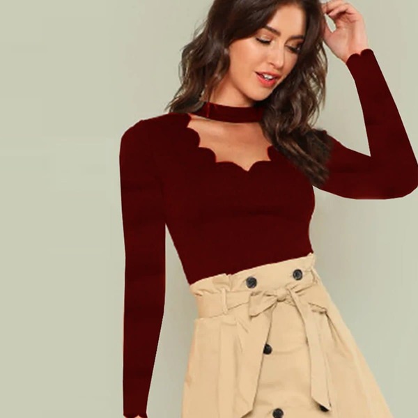 

Choker Neck Scallop Trim Skinny Tee, Burgundy