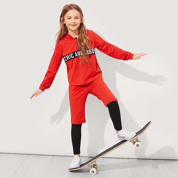 

Girls Letter Tape Insert Hoodie & Pants Set, Multicolor
