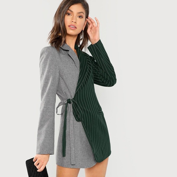 

Colorblock Tie Waist Surplice Wrap Blazer