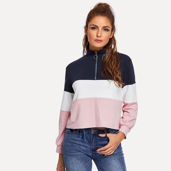 

Color-Block Zip Half Placket Pullover, Multicolor
