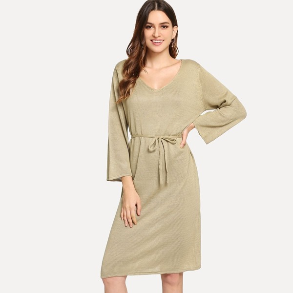 

V Neck Belted Sweater Dress, Beige