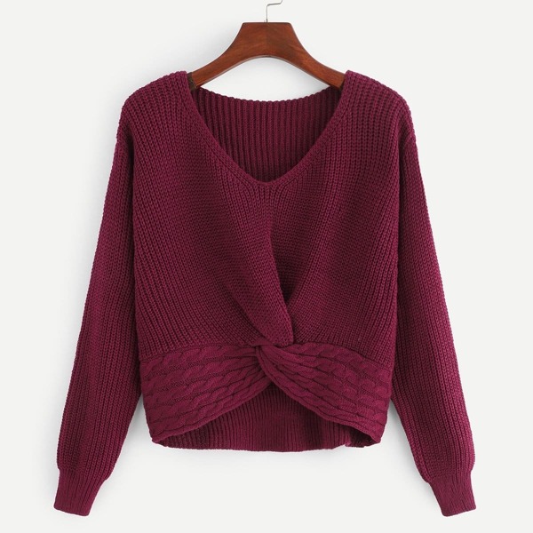 

Twist Detail V Neck Jumper, Burgundy