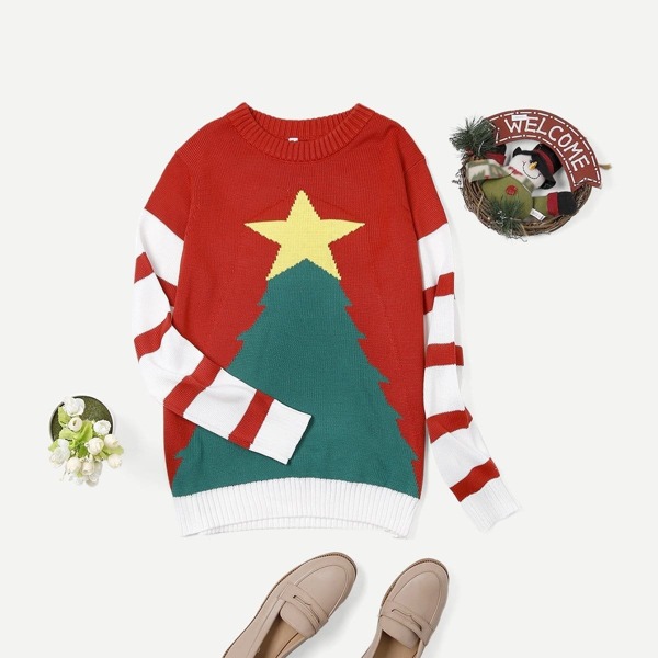

Men Christmas Print Striped Sweater
