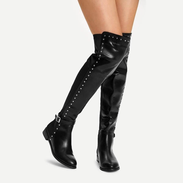 

Studded Decorated Side Buckle Thigh High Boots