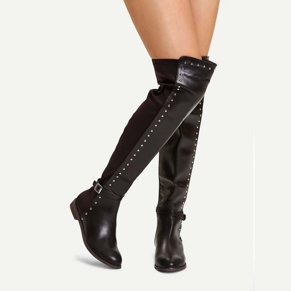

Studded Decorated Side Buckle Thigh High Boots