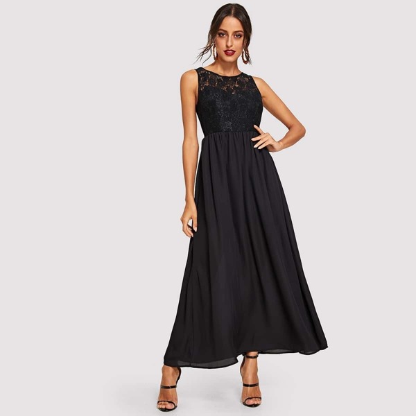 

Floral Lace Top Flowy Maxi Dress