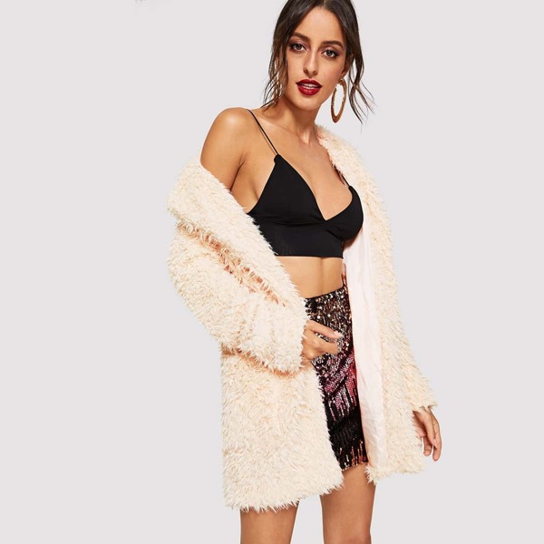 

Pocket Front Notched Neck Teddy Coat, Beige