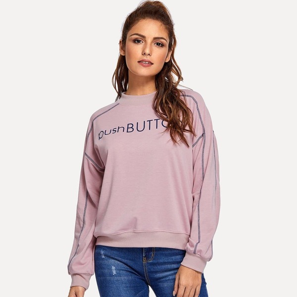 

Letter Print Contrast Stitch Sweatshirt, Pink