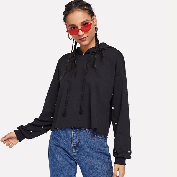 

Pearls Beaded Drawstring Hooded Sweatshirt