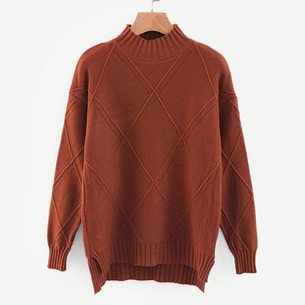 

Dip Hem Solid Eyelet Sweater