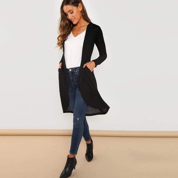 

Open Front Solid Hoodie Coat, Black