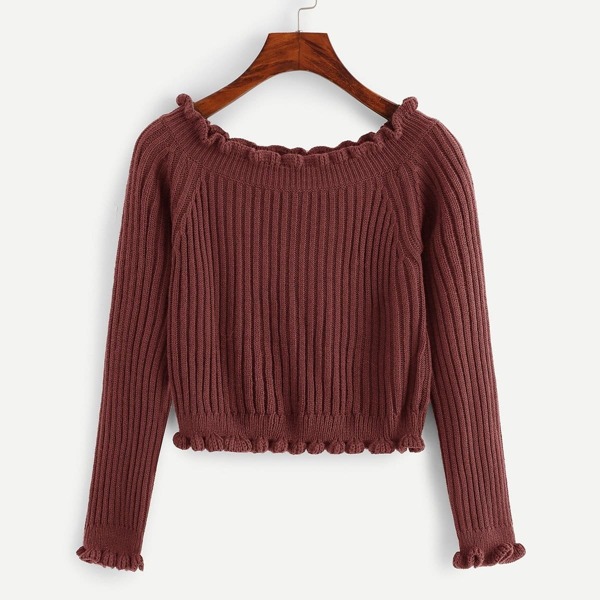 

Solid Frill Trim Sweater, Burgundy