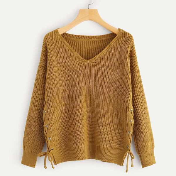 

Solid Lace Up V-Neck Sweater, Brown