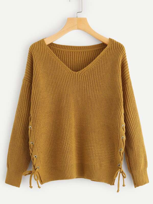 

Solid Lace Up V-Neck Jumper, Brown