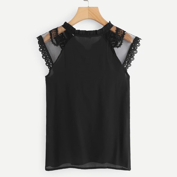 

Tie Neck Guipure Lace Mesh Sleeve Top, Black