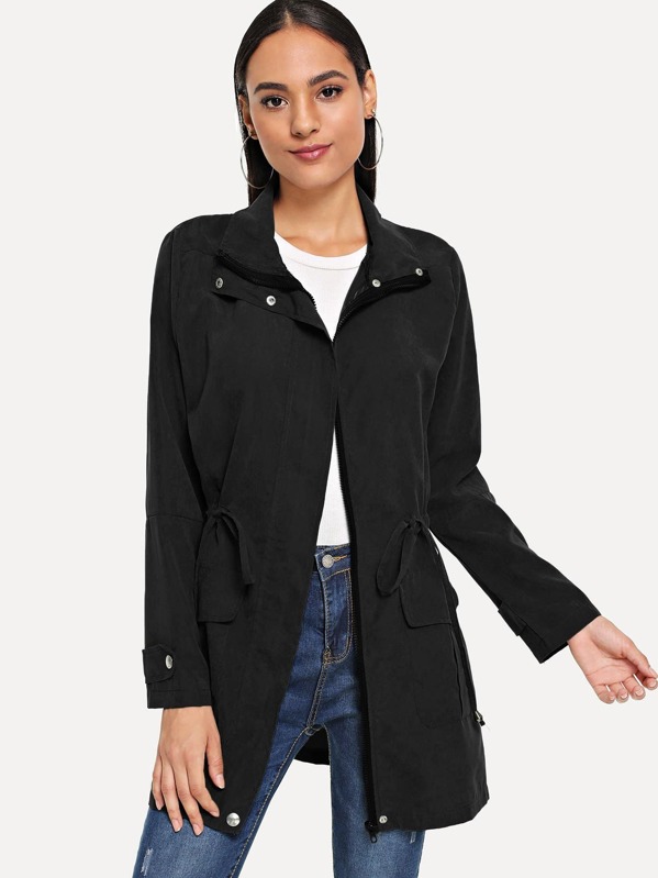 

Solid Drawstring Waist Coat, Black, Kary