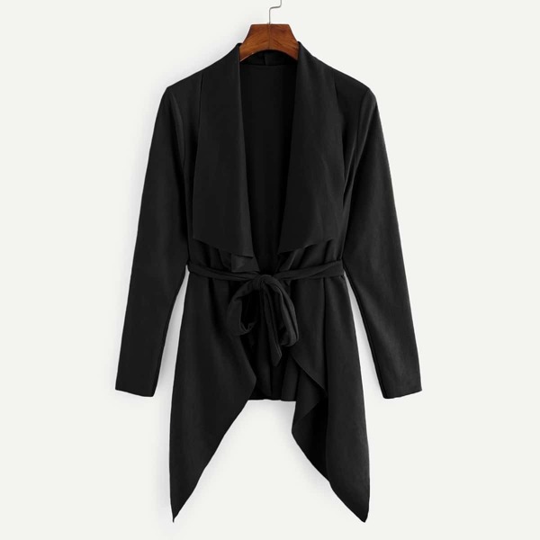 

Waterfall Collar Suede Solid Coat, Black