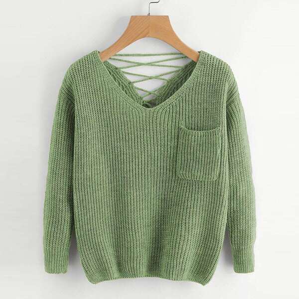 

Double V Lace-Up Back Chunky Knit Jumper