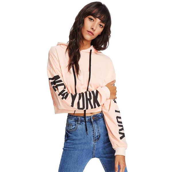 

Drop Shoulder Print Sleeve Hoodie, Pink