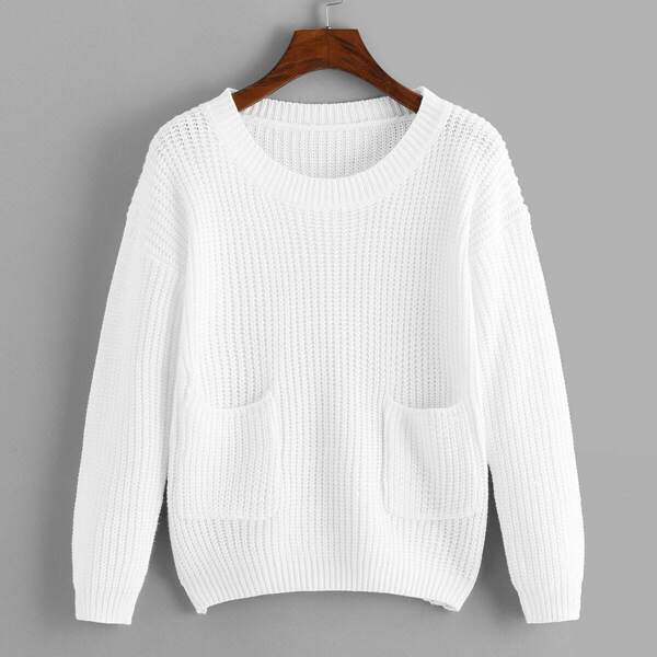

Pocket Detail Solid Sweater, White