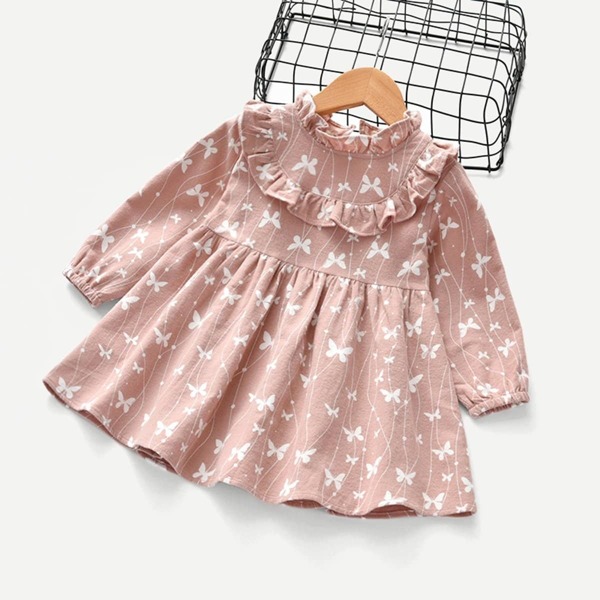 

Toddler Girls Butterfly Print Frill Trim Dress, Pink