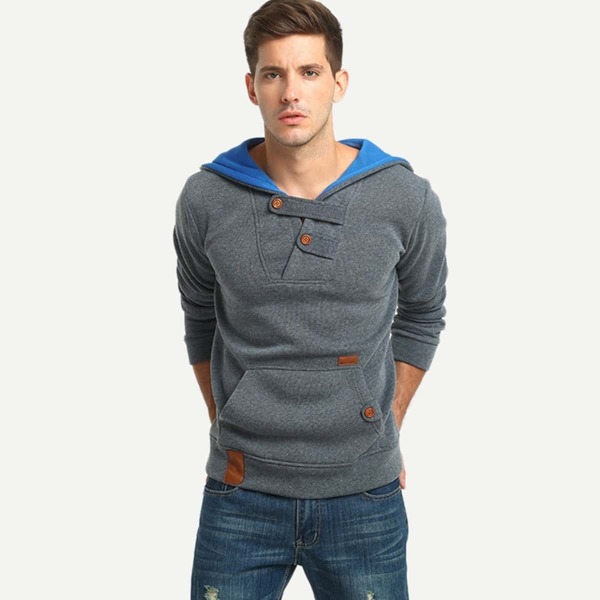 

Men Button Detail Color Block Hoodie, Grey