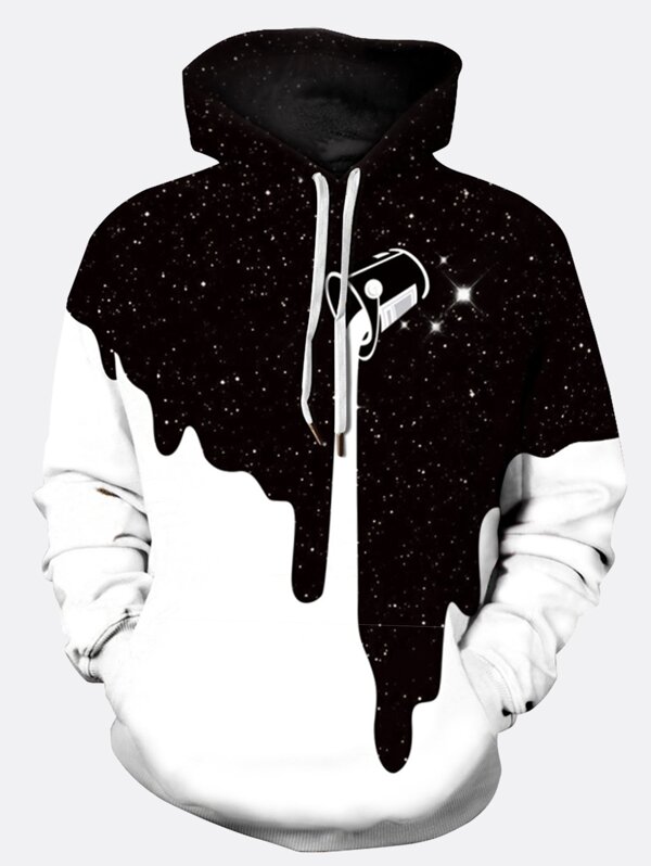 

Men 3D Milk Print Hooded Sweatshirt, Black and white