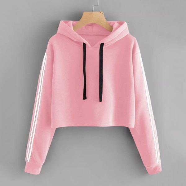 

Drawstring Hoodie Striped Tape Sleeve Sweatshirt, Pink