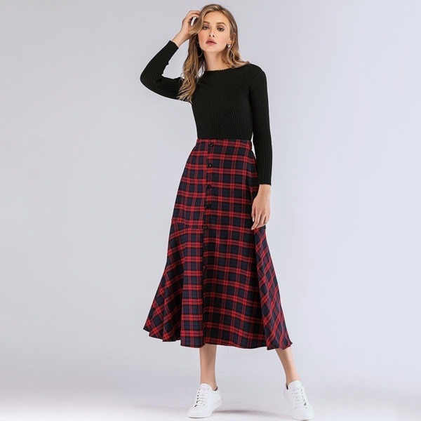 

Tartan Plaid Button Front Ruffle Hem Skirt