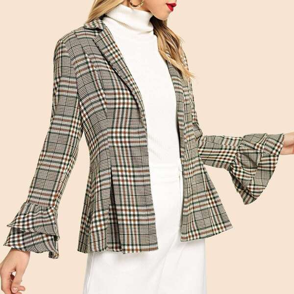 

Flounce Sleeve Plaid Blazer, Multicolor