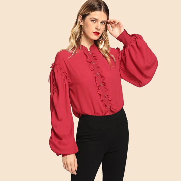 

Frill Trim Bishop Sleeve Top, Red