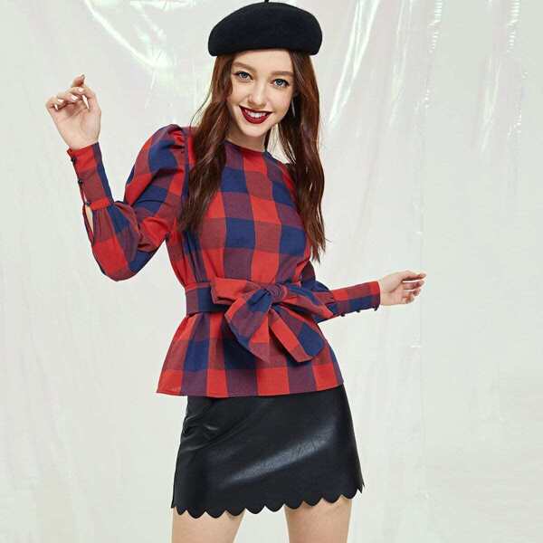 

Gigot Sleeve Bow Tie Waist Plaid Top