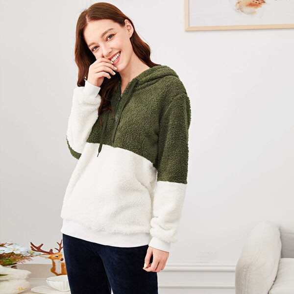 

Two Tone Plush Hooded Top