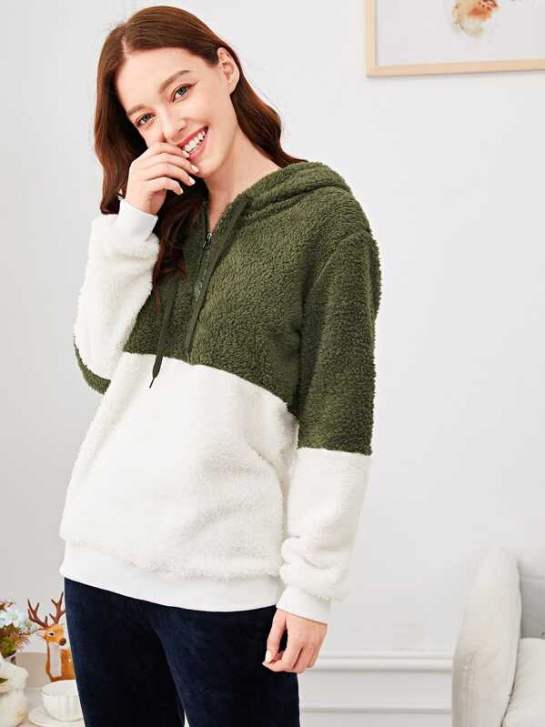 

Two Tone Plush Hooded Top, Multicolor, Poly