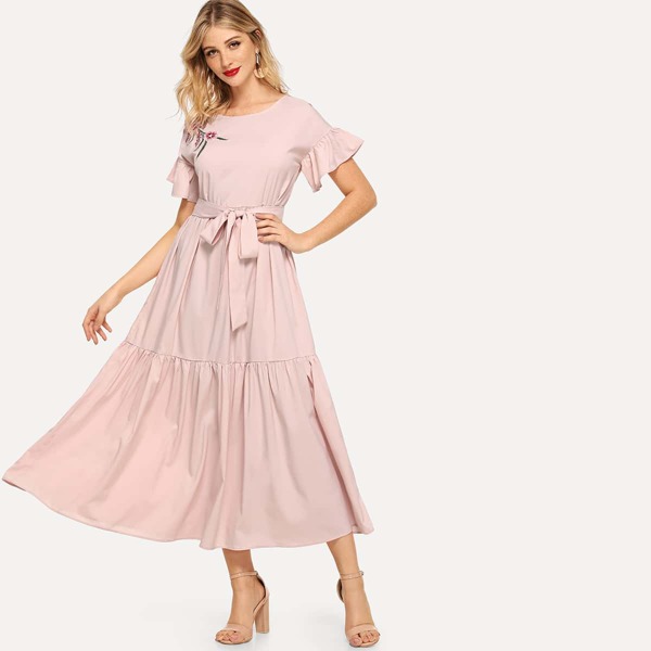 

Floral Embroidered Self Belted Tiered Dress