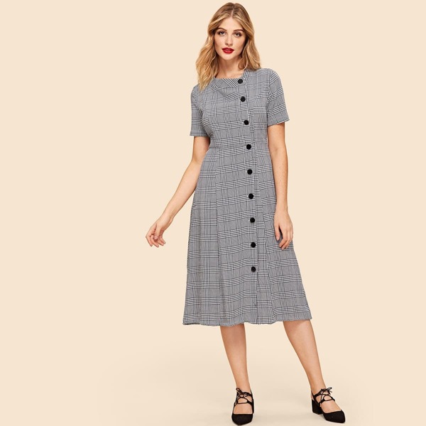 

Fit And Flare Button Up Plaid Dress