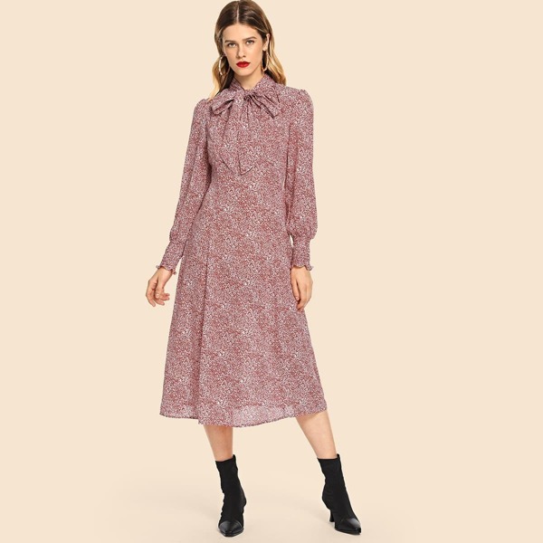 

Tie Neck Smock Cuff Dress