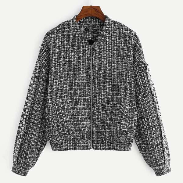 

Pearl Detail O-Ring Zip Up Tweed Jacket, Black and white