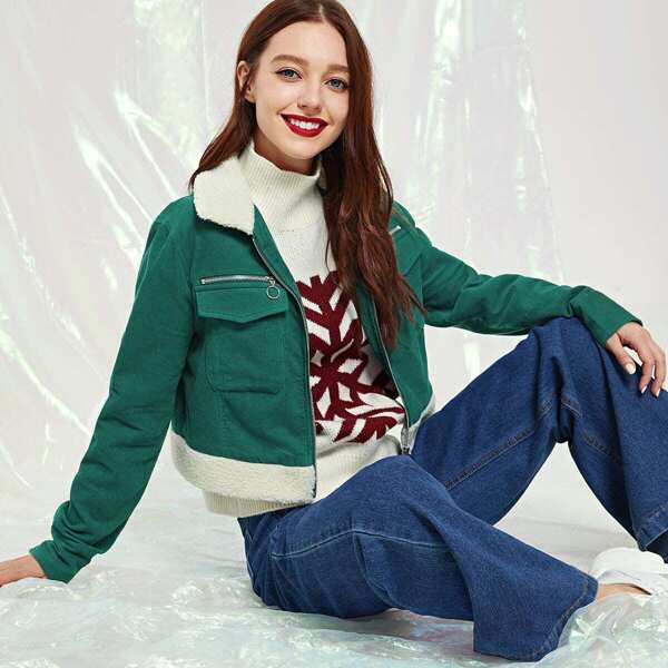 

Contrast Fleece Collar and Hem Corduroy Jacket, Green