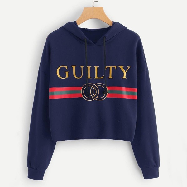 

Mixed Print Crop Hoodie, Navy