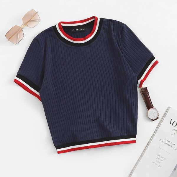 

Striped Trim Rib Knit T-shirt