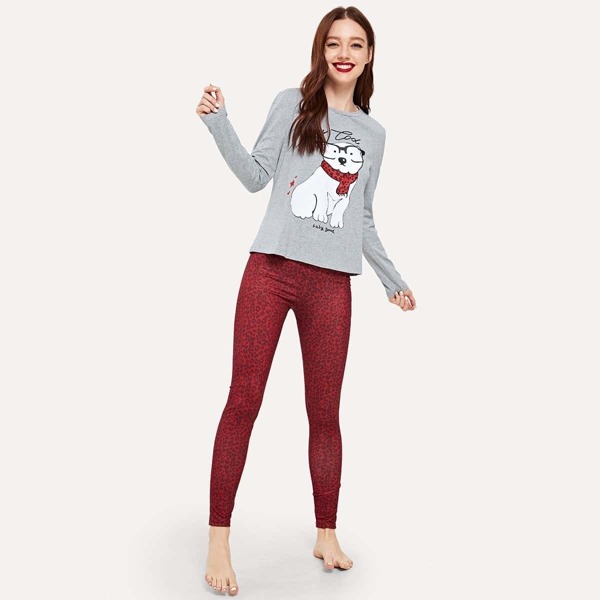 

Dog Print Letter Top & Pants Set, Multicolor