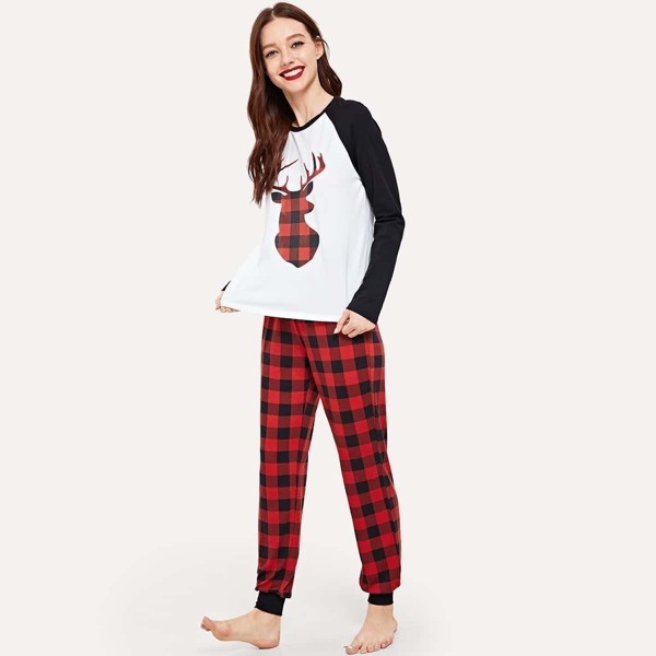 

Christmas New Year Raglan Sleeve Graphic Tee & Plaid Pants Set, Multicolor