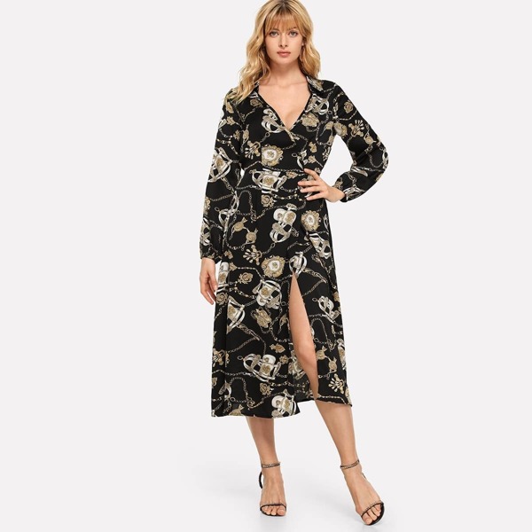 

Wrap Floral Collar Dress, Black